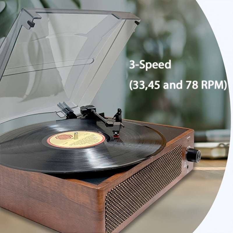 Walnut Vintage 3-Speed Turntable - Built-in Stereo Speakers, RCA Out/Earphone Jack + 3.5mm Wired Headphones -Recordshaven