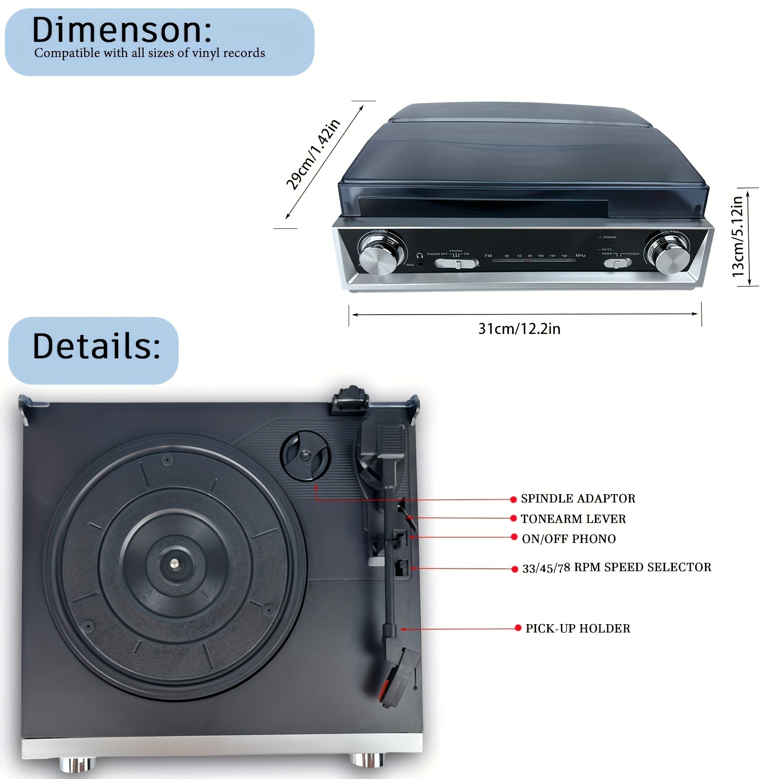 Vintage Vinyl Record Player - Belt-Drive, 3-Speed, FM Radio Reception & Multiple Audio Outputs -Recordshaven
