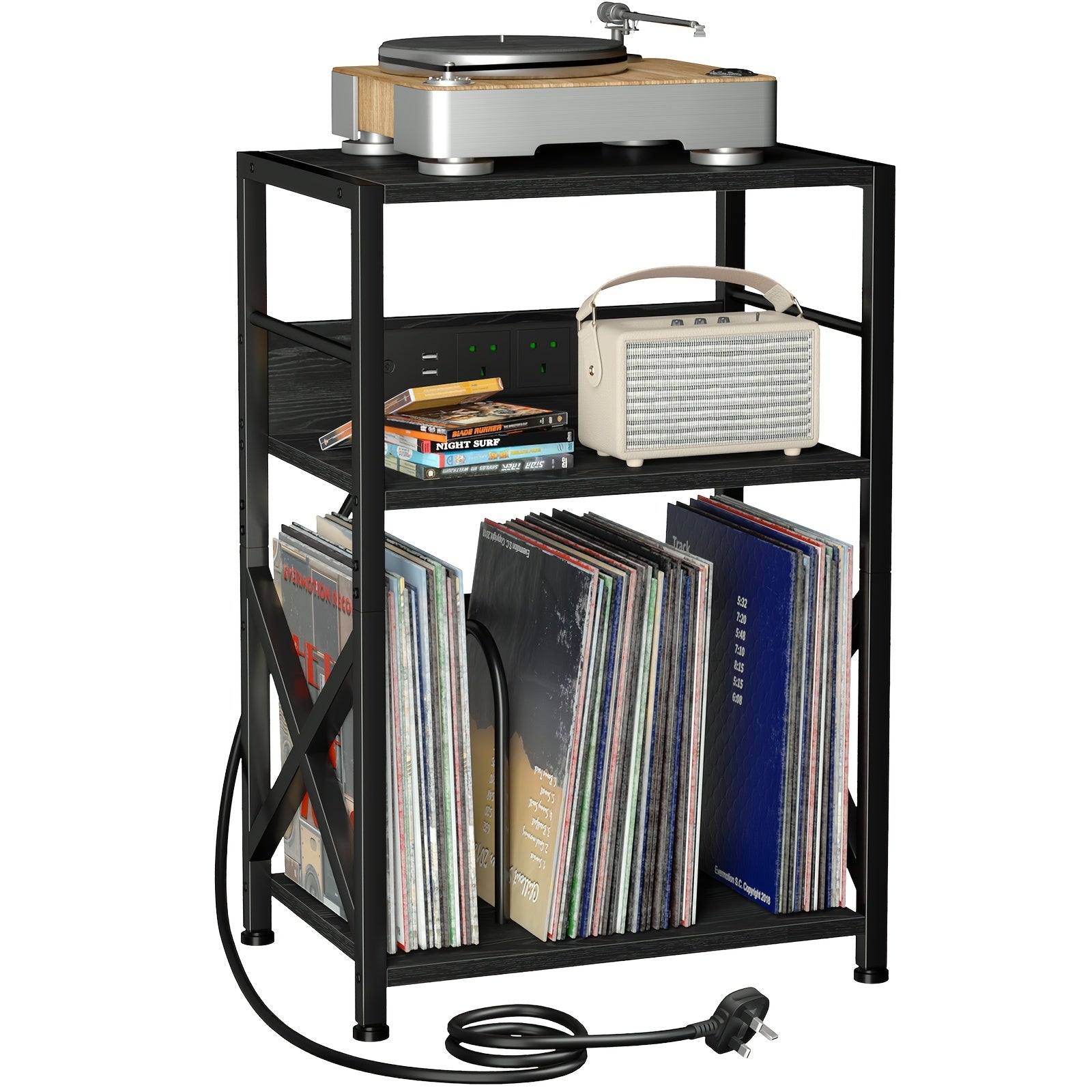 AMHANCIBLE Vintage Brown Wooden Record Stand with Socket (200-Album 3-Tier) -Recordshaven