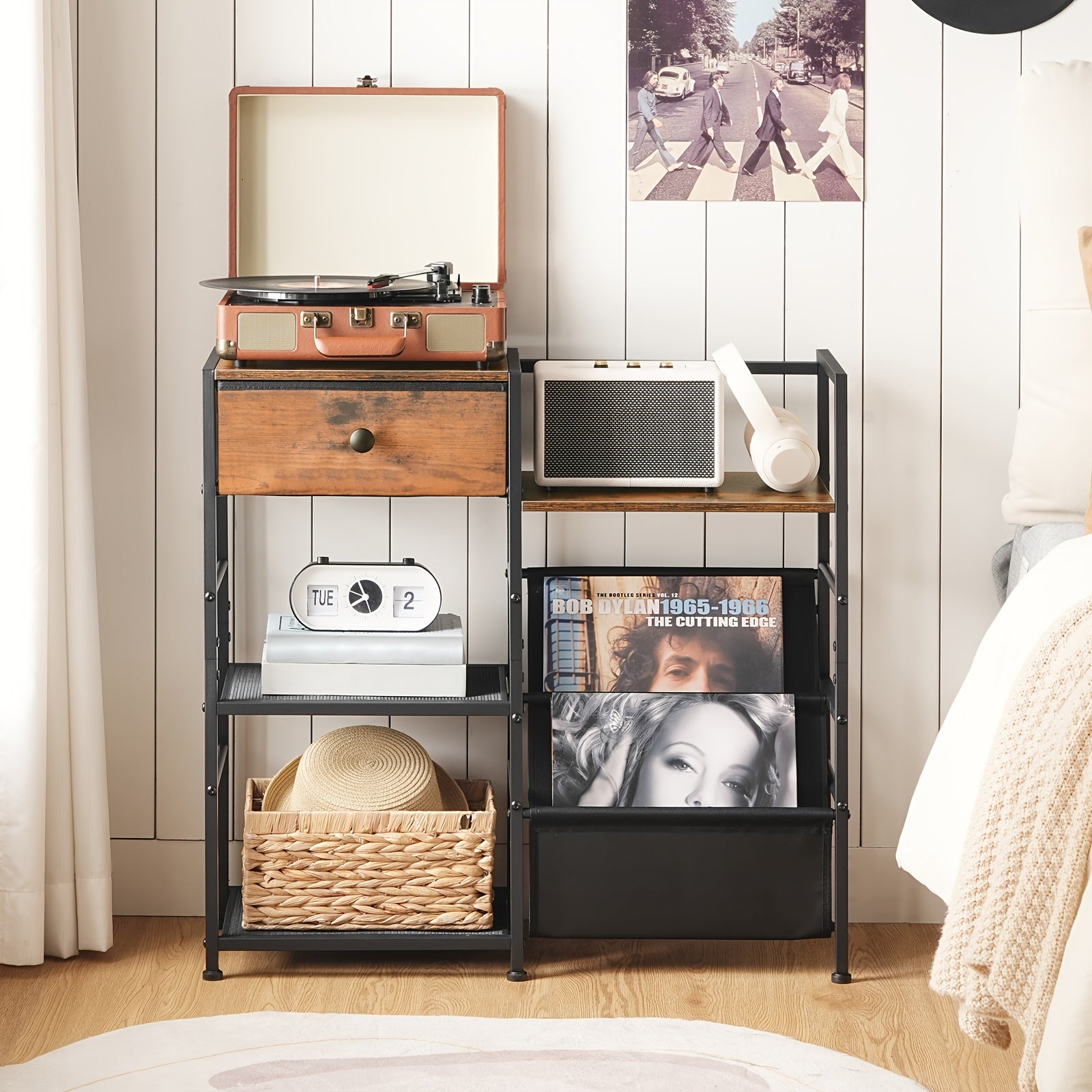 HOOBRO 3-Tier Metal Wood Vinyl Record Stand Side Table (75cm) -Recordshaven