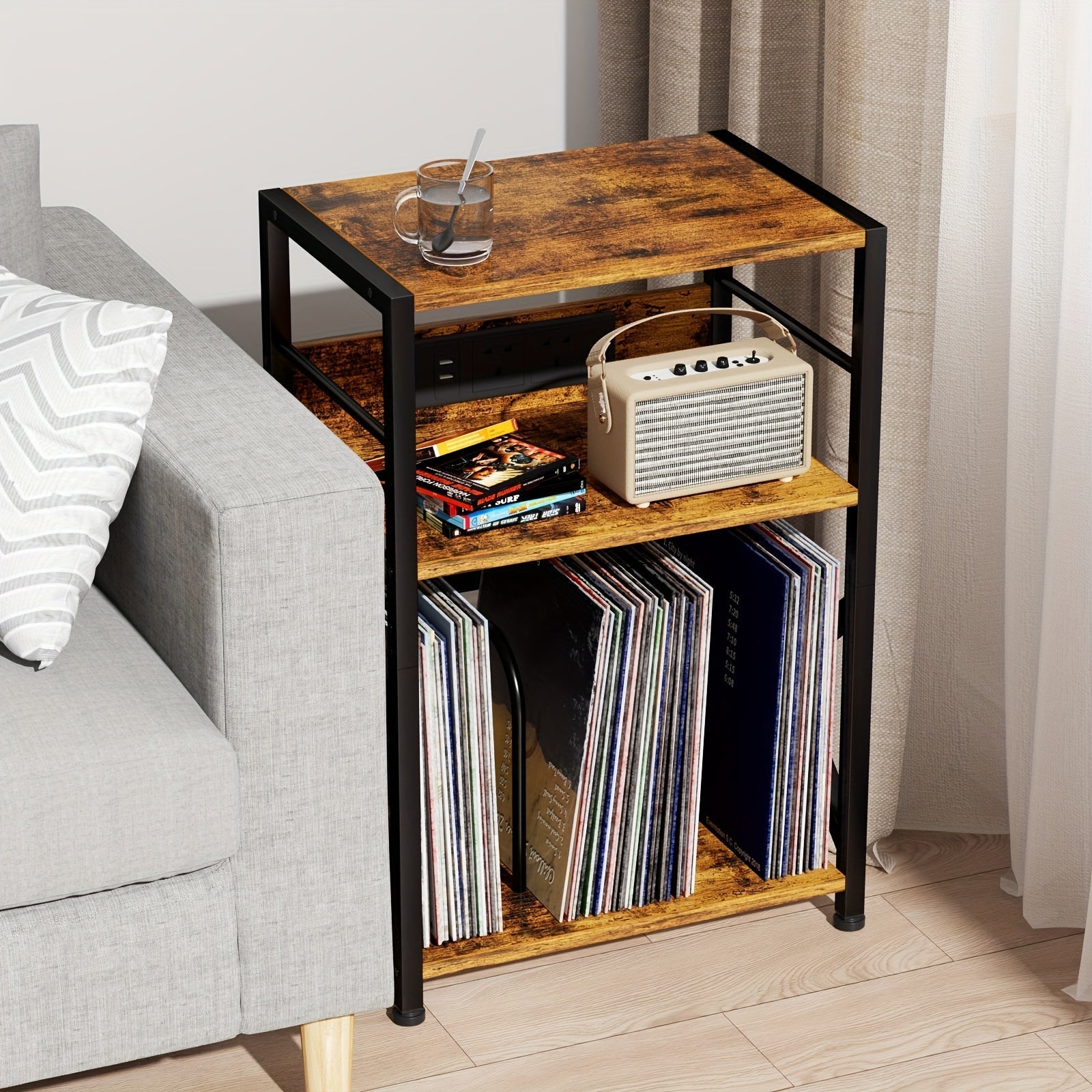 AMHANCIBLE Vintage Brown Wooden Record Stand with Socket (200-Album 3-Tier) -Recordshaven