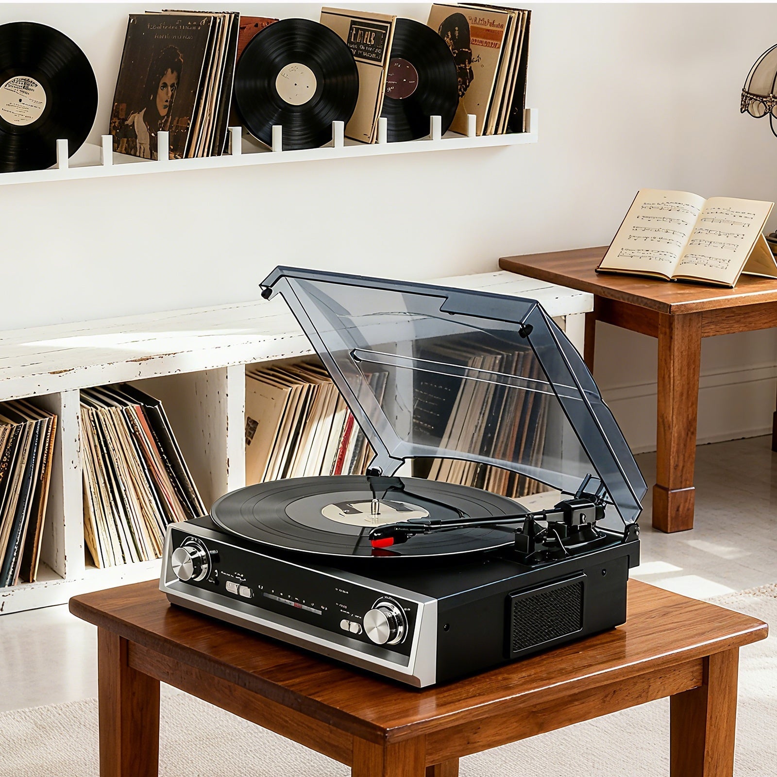 Vintage Vinyl Player - Belt-Drive, FM Radio, Line/3.5mm Out + 2 Ruby Needles, 2 Belts & 3.5mm Wired Earbuds -Recordshaven