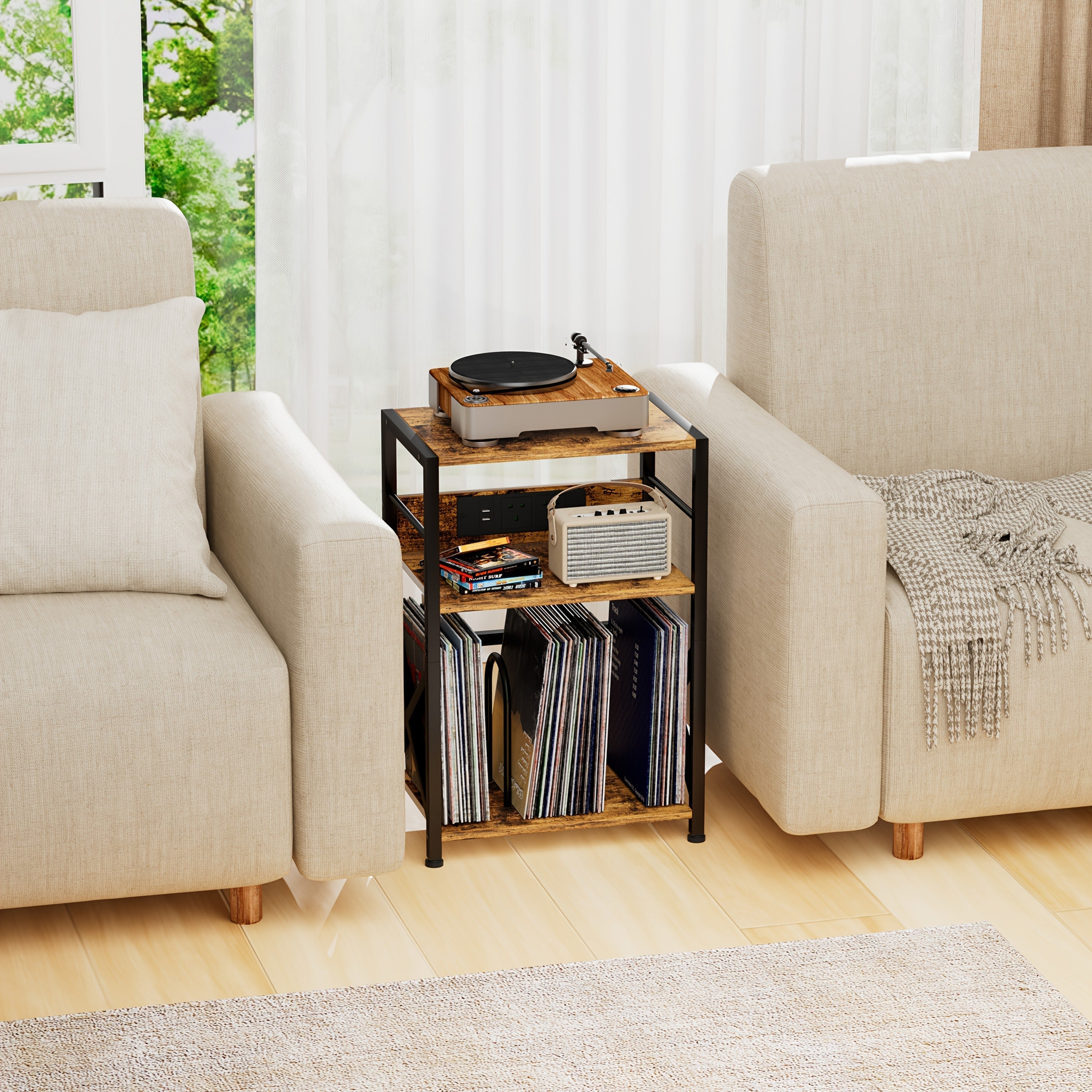 AMHANCIBLE Vintage Brown Wooden Record Stand with Socket (200-Album 3-Tier) -Recordshaven