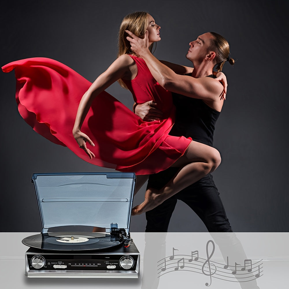 3-Speed Belt-Driven Vinyl Record Player - Regenerated Wood Cabinet, FM Radio & Multiple Audio Ports -Recordshaven