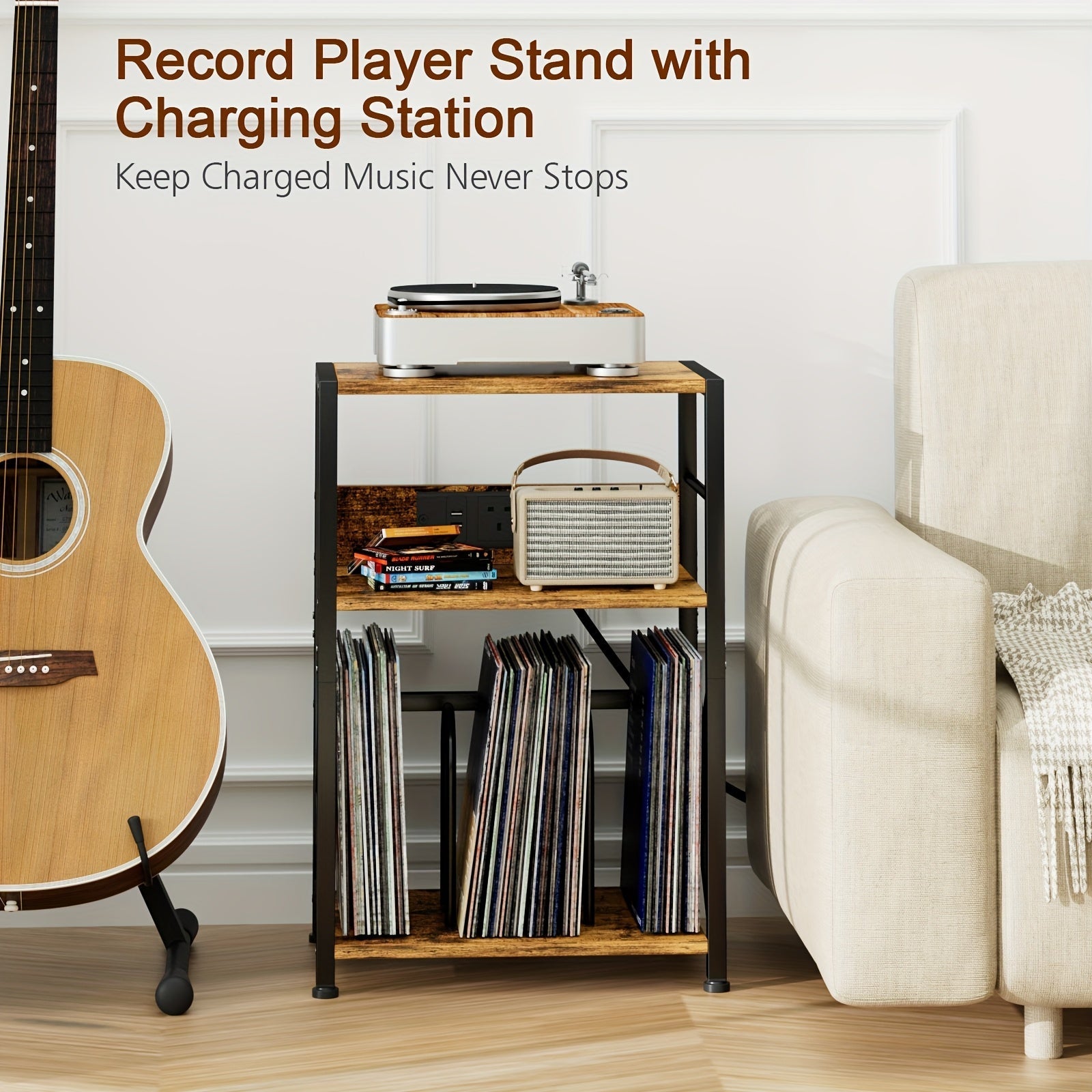 AMHANCIBLE Vintage Brown Wooden Record Stand with Socket (200-Album 3-Tier) -Recordshaven