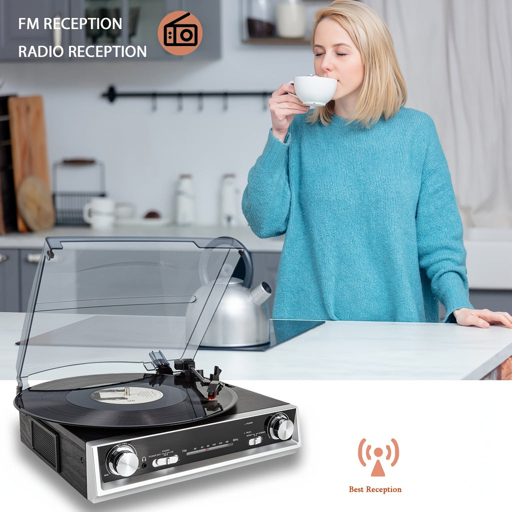 3-Speed Belt-Driven Vinyl Record Player - Regenerated Wood Cabinet, FM Radio & Multiple Audio Ports -Recordshaven