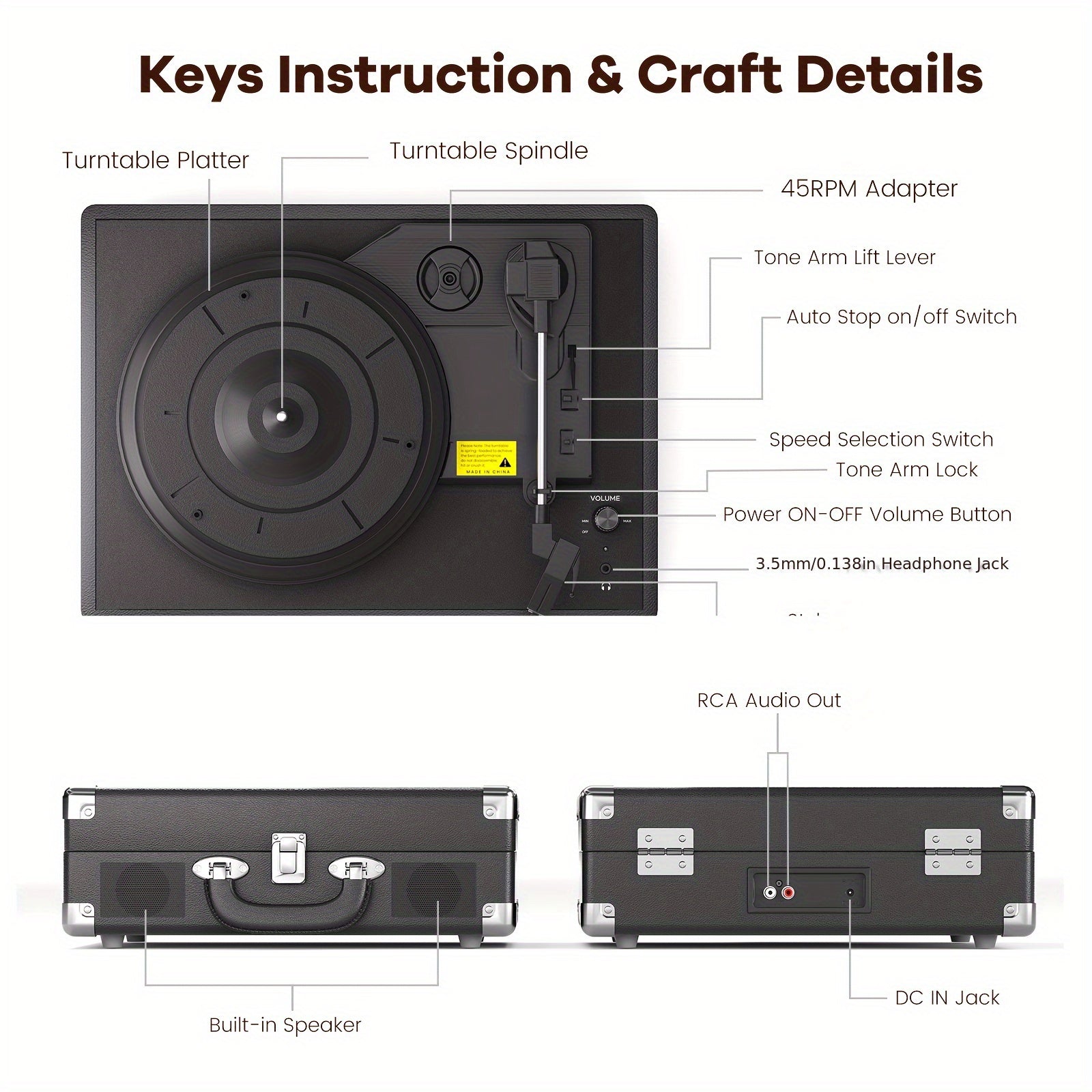 Maio C210 Vintage Wooden Turntable - 3-Speed (33/45/78 RPM), Belt-Driven, Wireless Streaming & Built-in Speaker -Recordshaven