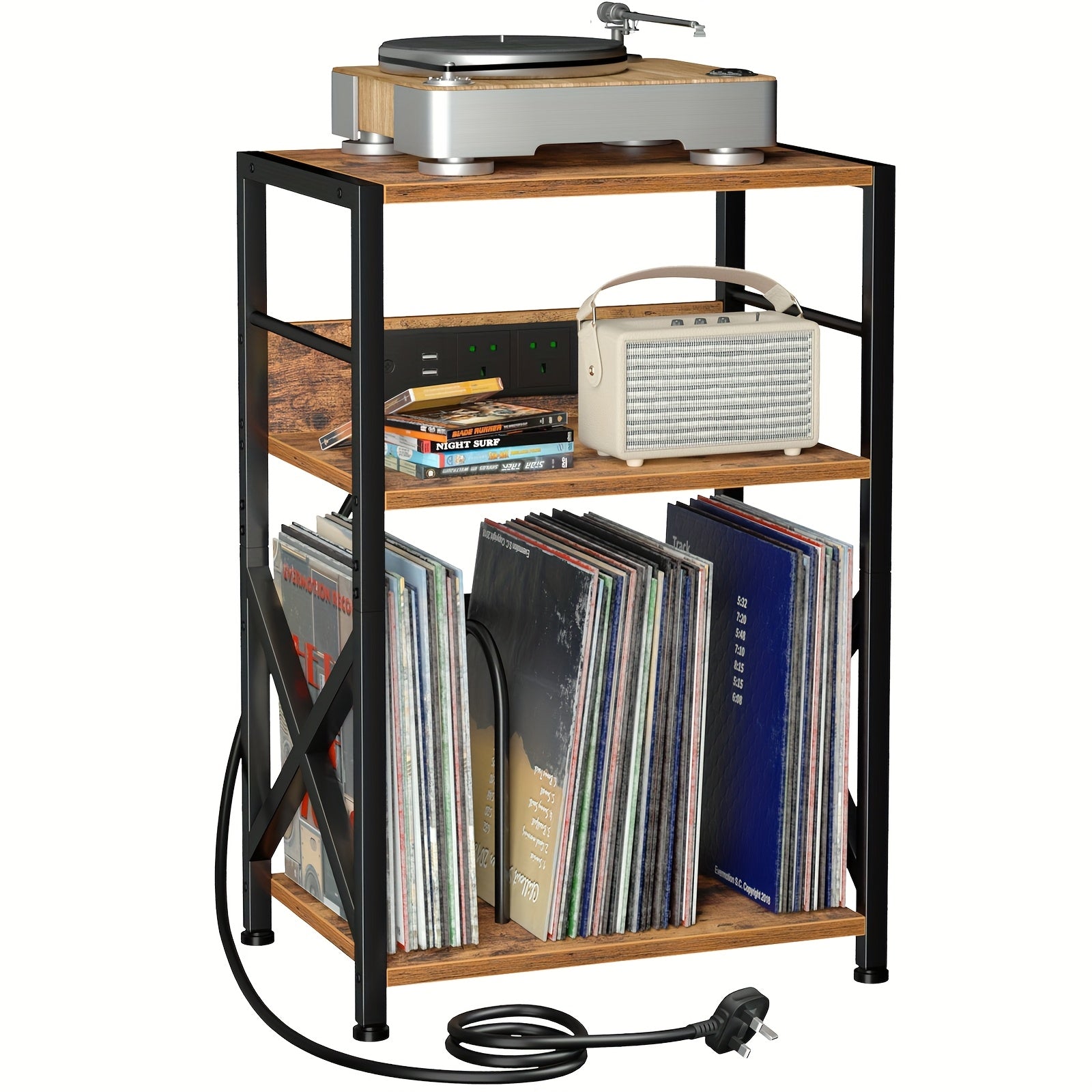 AMHANCIBLE Vintage Brown Wooden Record Stand with Socket (200-Album 3-Tier) -Recordshaven
