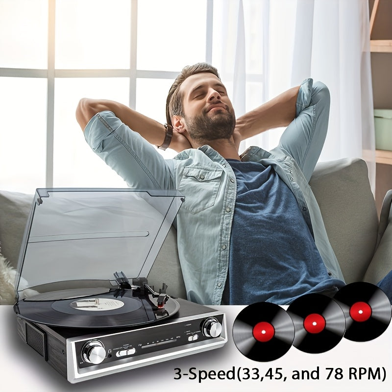 Vintage Belt-Drive Turntable - 3-Speed, FM Radio, Multiple Audio Jacks + 2 Replacement Belts & Ruby Tip Styluses -Recordshaven