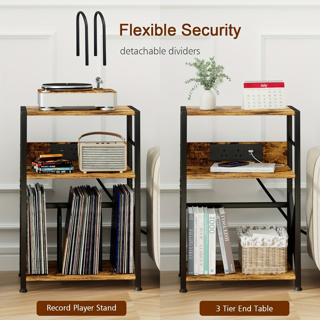 AMHANCIBLE Vintage Brown Wooden Record Stand with Socket (200-Album 3-Tier) -Recordshaven