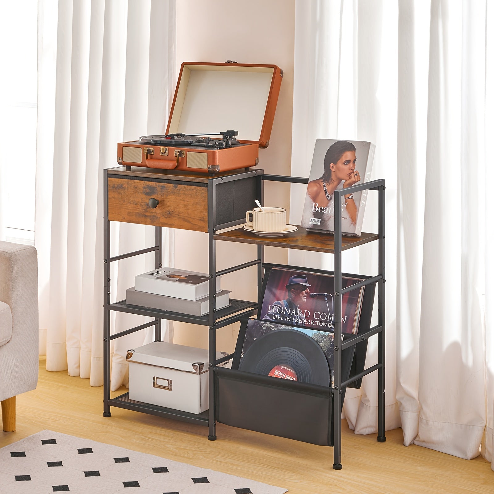 HOOBRO 3-Tier Metal Wood Vinyl Record Stand Side Table (75cm) -Recordshaven