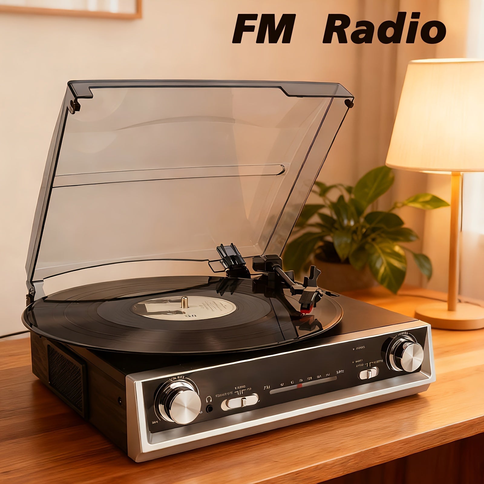 Vintage Vinyl Player - Belt-Drive, FM Radio, Line/3.5mm Out + 2 Ruby Needles, 2 Belts & 3.5mm Wired Earbuds -Recordshaven