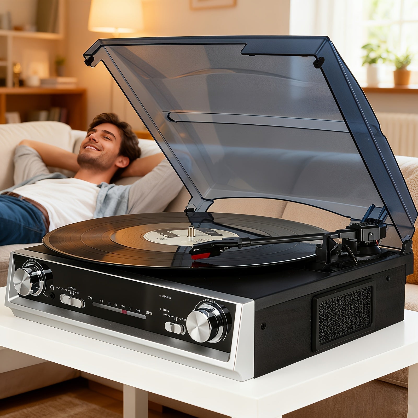 Vintage Vinyl Player - Belt-Drive, FM Radio, Line/3.5mm Out + 2 Ruby Needles, 2 Belts & 3.5mm Wired Earbuds -Recordshaven