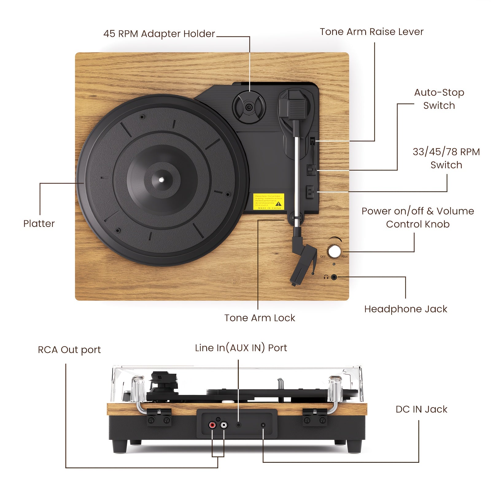 Maio E200 Vintage Belt-Driven Turntable - 3-Speed (33/45/78 RPM), Vibration Isolation, Built-in Speakers & Multi-Ports -Recordshaven