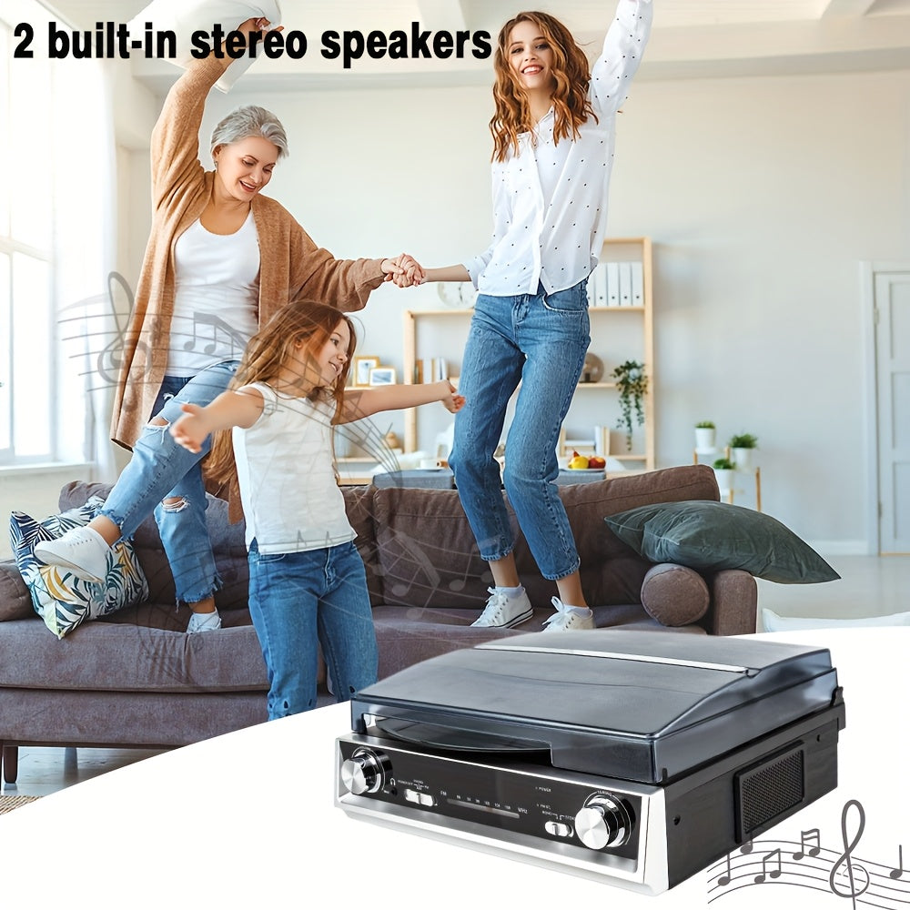 Full-Function Retro Phonograph - Belt-Drive, FM/Radio, Line/Headphone Out & Regenerated Wood Cabinet -Recordshaven