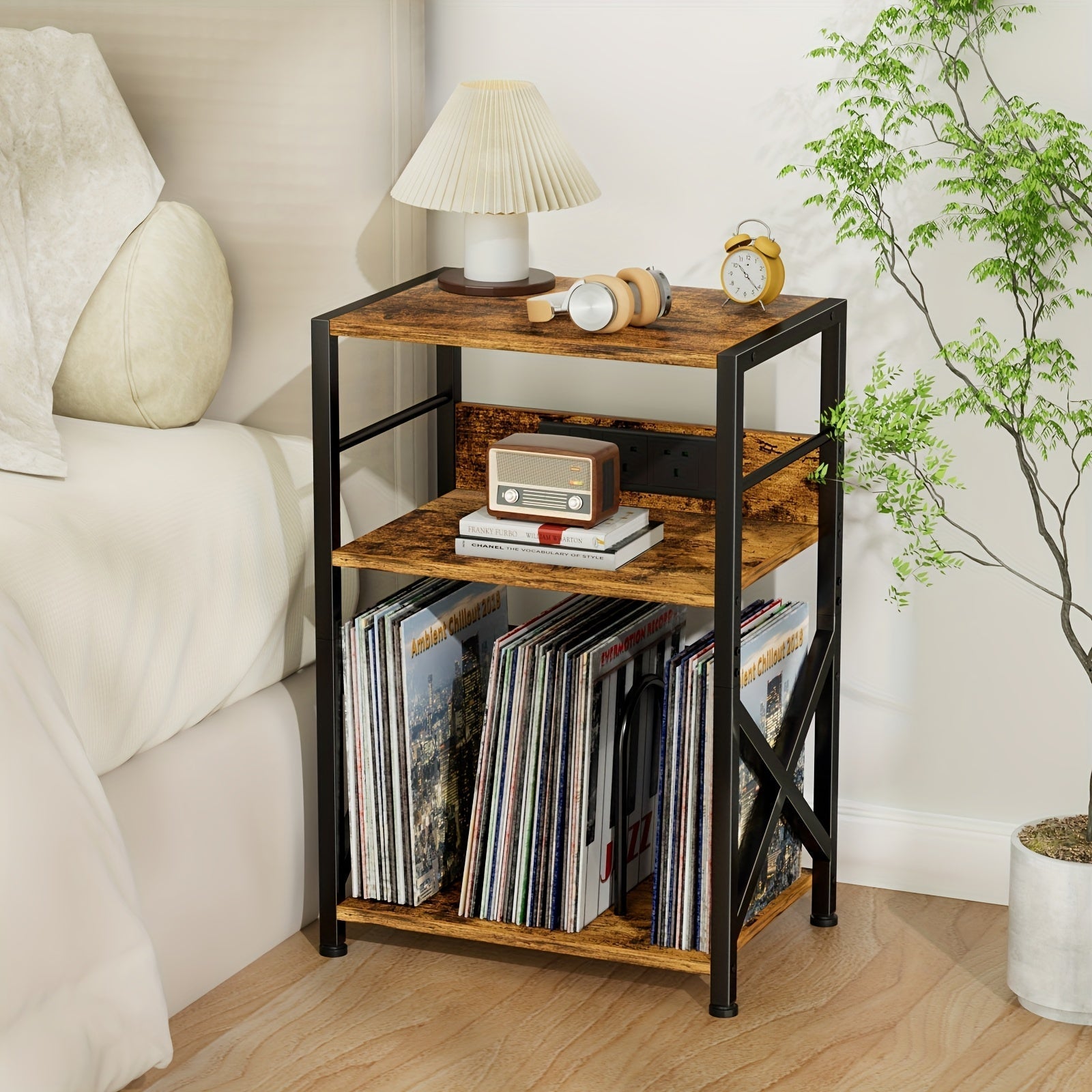 AMHANCIBLE Vintage Brown Wooden Record Stand with Socket (200-Album 3-Tier) -Recordshaven