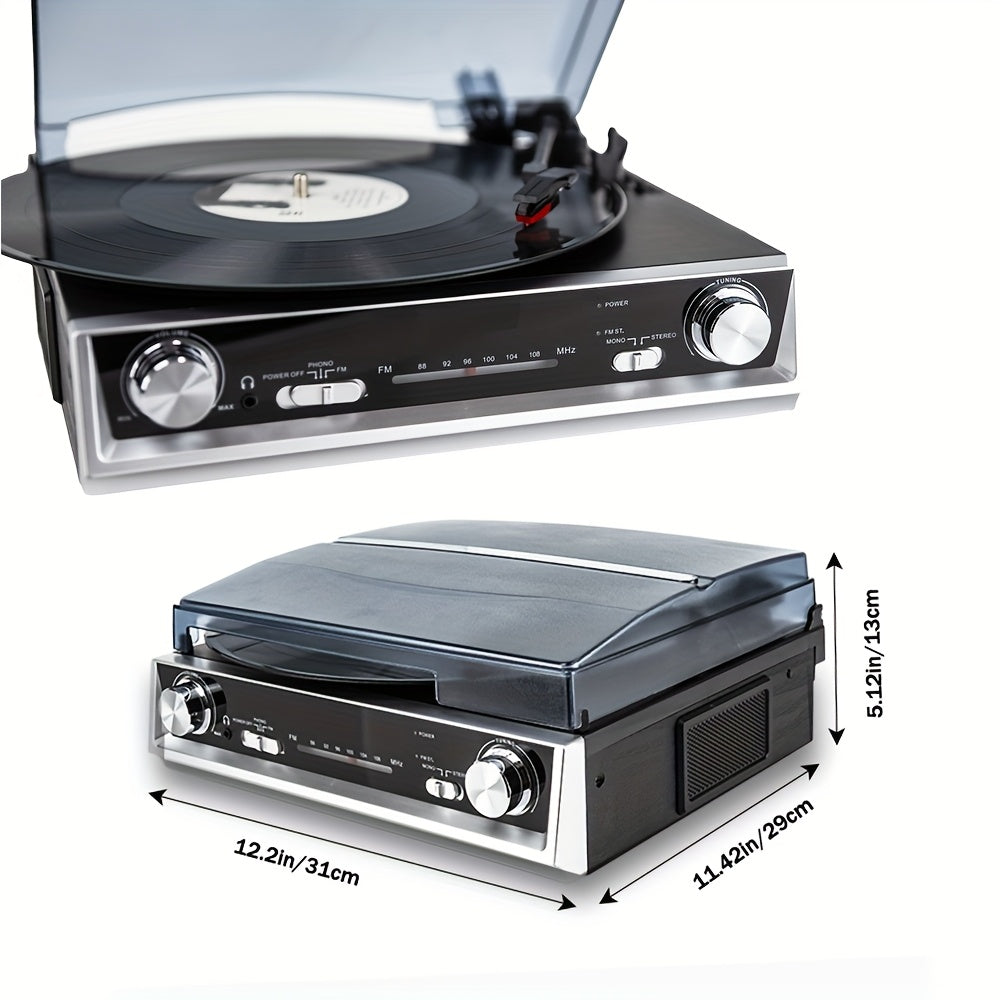 3-Speed Belt-Driven Vinyl Record Player - Regenerated Wood Cabinet, FM Radio & Multiple Audio Ports -Recordshaven